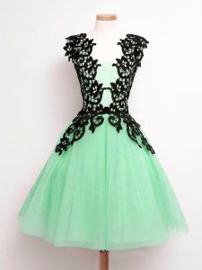 Traditional Tulle Straps Sleeveless Lace Up Lace Quinceanera Dama Dress in Apple Green