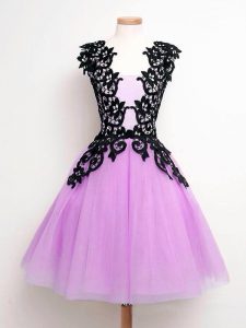 Best Lilac Sleeveless Knee Length Lace Lace Up Dama Dress