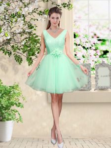 High End Apple Green A-line Tulle V-neck Sleeveless Lace and Belt Knee Length Lace Up Damas Dress