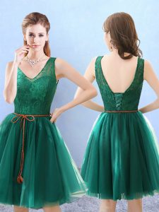 Sophisticated Green Tulle Backless Vestidos de Damas Sleeveless Knee Length Lace