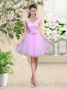 Affordable Lilac Sleeveless Knee Length Lace and Belt Lace Up Quinceanera Court of Honor Dress