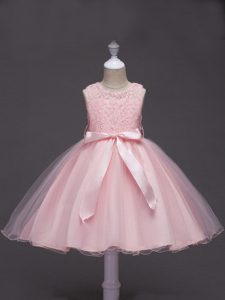 Perfect Baby Pink Tulle Zipper Flower Girl Dresses Sleeveless Knee Length Lace and Belt