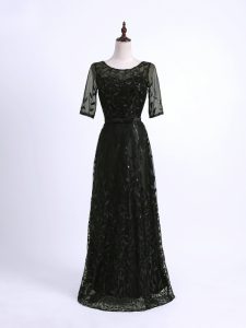 Edgy Column/Sheath Mother Dresses Black Scoop Lace Half Sleeves Floor Length Lace Up