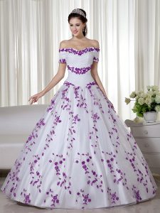 Glorious White Quinceanera Dress Military Ball and Sweet 16 and Quinceanera with Embroidery Off The Shoulder Short Sleeves Lace Up