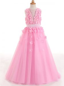 Hot Selling Rose Pink A-line Tulle Scoop Sleeveless Appliques and Bowknot Floor Length Zipper Pageant Gowns For Girls