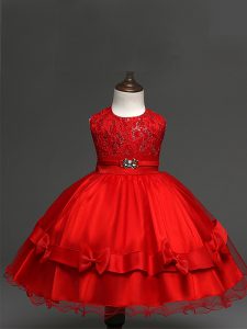 Trendy Red Tulle Zipper Scoop Sleeveless Knee Length Little Girl Pageant Gowns Lace and Bowknot