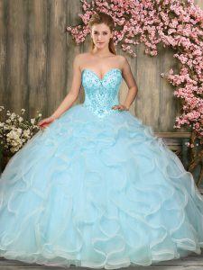 Luxury Floor Length Lace Up Sweet 16 Dresses Aqua Blue for Military Ball and Sweet 16 and Quinceanera with Beading and Ruffles