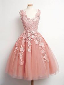 Customized Peach Ball Gowns Tulle V-neck Sleeveless Lace Knee Length Lace Up Vestidos de Damas