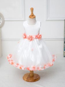 White Sleeveless Knee Length Appliques and Bowknot and Hand Made Flower Zipper Little Girls Pageant Gowns