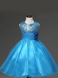 Excellent Scoop Sleeveless Kids Pageant Dress Knee Length Sequins and Hand Made Flower Baby Blue Tulle