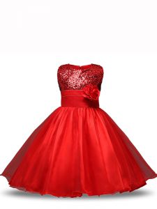 Red Zipper Scoop Sequins and Hand Made Flower Little Girls Pageant Dress Wholesale Organza Sleeveless