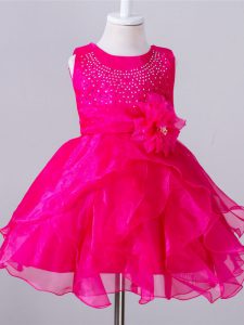 Fashion Hot Pink Ball Gowns Scoop Sleeveless Organza Knee Length Zipper Beading and Hand Made Flower Pageant Gowns