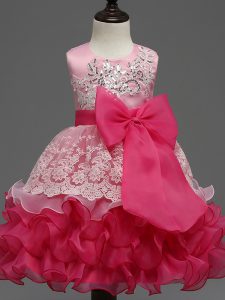High Class Hot Pink Scoop Neckline Lace and Ruffled Layers and Bowknot Little Girl Pageant Gowns Sleeveless Zipper