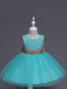 Adorable Aqua Blue Scoop Neckline Lace and Bowknot Toddler Flower Girl Dress Sleeveless Zipper