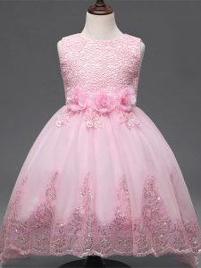 Affordable Baby Pink Sleeveless High Low Lace and Appliques and Bowknot and Hand Made Flower Zipper Flower Girl Dresses