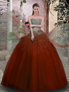 Dramatic Floor Length Rust Red Quinceanera Dresses Strapless Sleeveless Lace Up