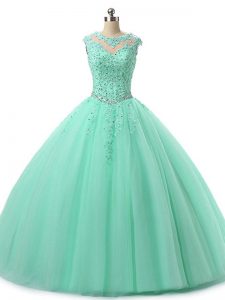 Beading and Lace Quinceanera Dresses Apple Green Lace Up Sleeveless Floor Length