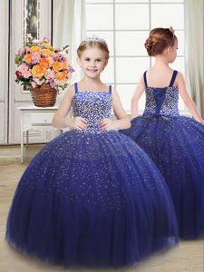 Dramatic Royal Blue Ball Gowns Beading Pageant Gowns For Girls Lace Up Tulle Sleeveless Floor Length