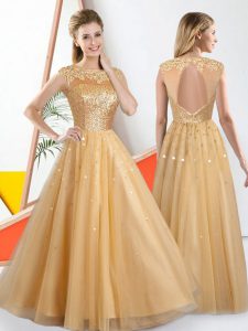 Elegant Champagne A-line Beading and Lace Quinceanera Dama Dress Backless Tulle Sleeveless Floor Length