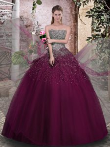 Shining Purple Ball Gowns Tulle Strapless Sleeveless Beading Floor Length Lace Up Quinceanera Gown