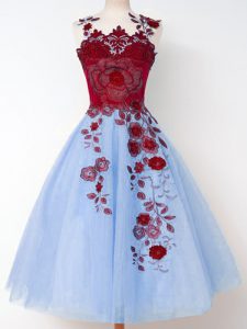 Blue Tulle Lace Up Straps Sleeveless Knee Length Quinceanera Court of Honor Dress Appliques
