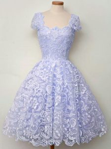 Flare Lavender A-line Lace Straps Cap Sleeves Lace Knee Length Lace Up Quinceanera Court of Honor Dress