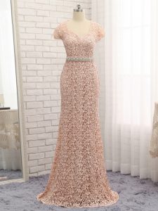 Peach Lace Zipper Mother of Groom Dress Cap Sleeves Floor Length Beading and Belt