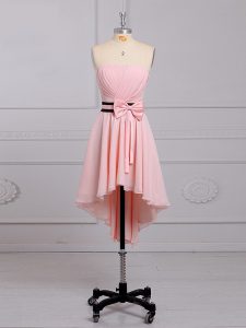 Fantastic Baby Pink Lace Up Strapless Ruching and Bowknot Dama Dress for Quinceanera Chiffon Sleeveless