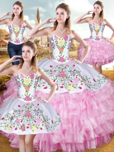Customized Rose Pink Ball Gowns Embroidery and Ruffled Layers Quinceanera Gown Lace Up Organza and Taffeta Sleeveless Floor Length