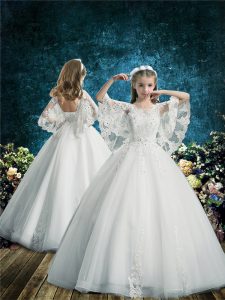 High Class White Tulle Lace Up Toddler Flower Girl Dress Half Sleeves Floor Length Lace