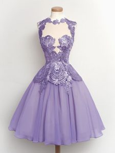 Custom Design A-line Court Dresses for Sweet 16 Lilac High-neck Chiffon Sleeveless Knee Length Lace Up