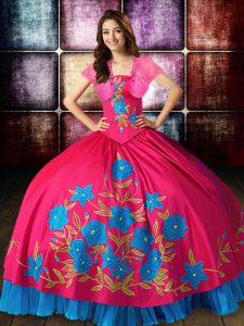 Trendy Sleeveless Taffeta Floor Length Lace Up Quinceanera Gowns in Hot Pink with Embroidery