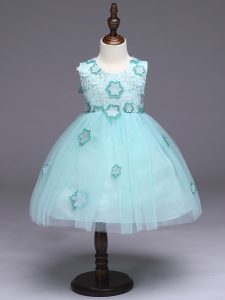 Luxurious Apple Green Ball Gowns Appliques and Bowknot High School Pageant Dress Zipper Tulle Sleeveless Knee Length