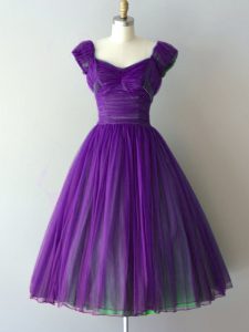 Purple Lace Up Vestidos de Damas Ruching Cap Sleeves Knee Length