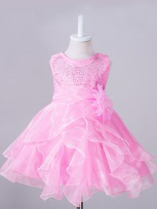 Rose Pink Zipper Scoop Beading and Hand Made Flower Child Pageant Dress Organza Sleeveless