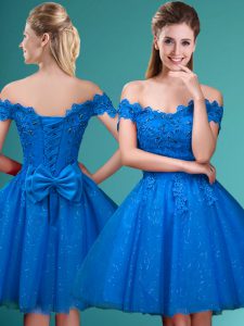 Traditional Blue Sleeveless Knee Length Lace and Belt Lace Up Damas Dress
