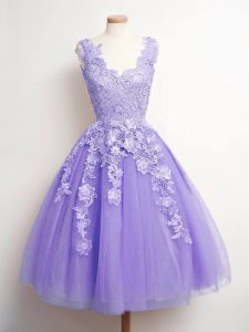 Lavender Tulle Lace Up V-neck Sleeveless Knee Length Quinceanera Dama Dress Lace