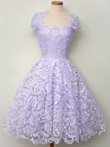 Sumptuous Lavender Vestidos de Damas Prom and Party and Wedding Party with Lace Scoop Sleeveless Lace Up