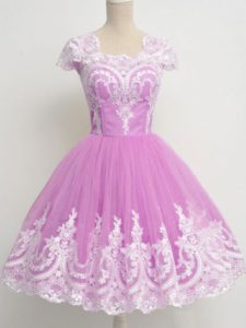 Superior Cap Sleeves Tulle Knee Length Zipper Quinceanera Court Dresses in Lilac with Lace