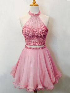 Nice Knee Length Two Pieces Sleeveless Pink Dama Dress Lace Up