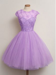 Lilac Ball Gowns Scoop Cap Sleeves Tulle Knee Length Lace Up Lace Damas Dress