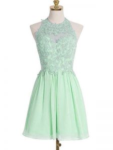 Romantic Appliques Dama Dress for Quinceanera Apple Green Lace Up Sleeveless Knee Length