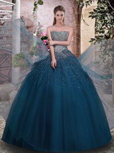 Dazzling Tulle Strapless Sleeveless Lace Up Beading 15th Birthday Dress in Teal