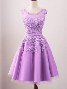 Lilac Scoop Neckline Lace Quinceanera Dama Dress Sleeveless Lace Up