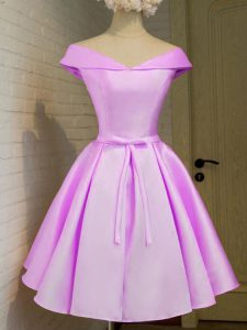 Pretty Lilac Off The Shoulder Neckline Belt Quinceanera Court of Honor Dress Cap Sleeves Lace Up