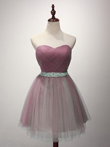 Elegant Pink Lace Up Sweetheart Beading and Ruching Court Dresses for Sweet 16 Tulle Sleeveless