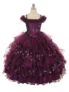Floor Length Lace Up Girls Pageant Dresses Burgundy for Wedding Party with Ruffles and Ruffled Layers