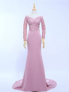 Lilac Long Sleeves Chiffon Brush Train Zipper Mother of the Bride Dress for Prom and Party and Beach