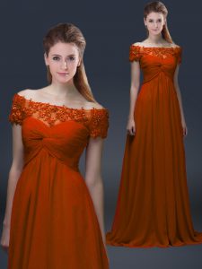 Graceful Rust Red Short Sleeves Chiffon Lace Up Mother Dresses for Prom and Party