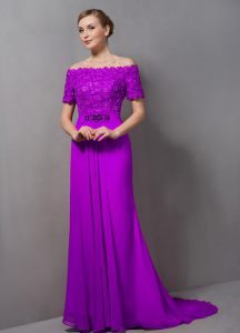 Purple Empire Chiffon Off The Shoulder Short Sleeves Lace Zipper Mother of Bride Dresses Sweep Train
